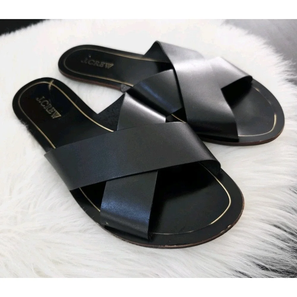 J. Crew Cypress Criss Cross Sandals Slides Women's size 9 Black Leather